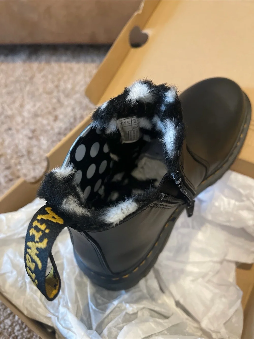 Dr. Martens Black Kids Leonore J Boots with White Polka Dots